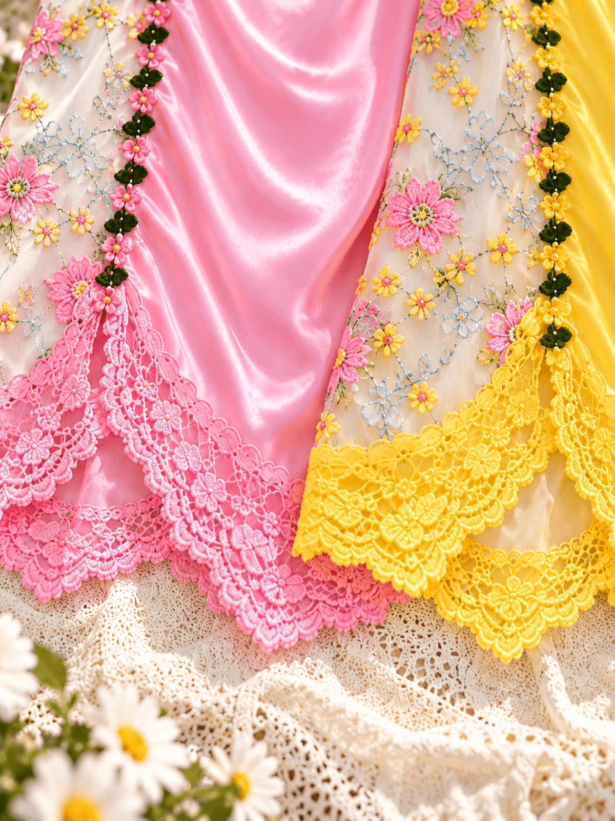 [Easdoing] Conjunto de 2 piezas de camisola de satén y camisón para mujer, encaje bordado floral con dobladillo irregular, vestido de casa con cuello en V, combinación de rosa y amarillo 4