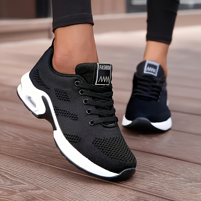 Women's Air Cushion Running Sneakers, Solid Color Breathable Low Top Walking Trainers, Casual Outdoor Gym Shoes  Plus Size