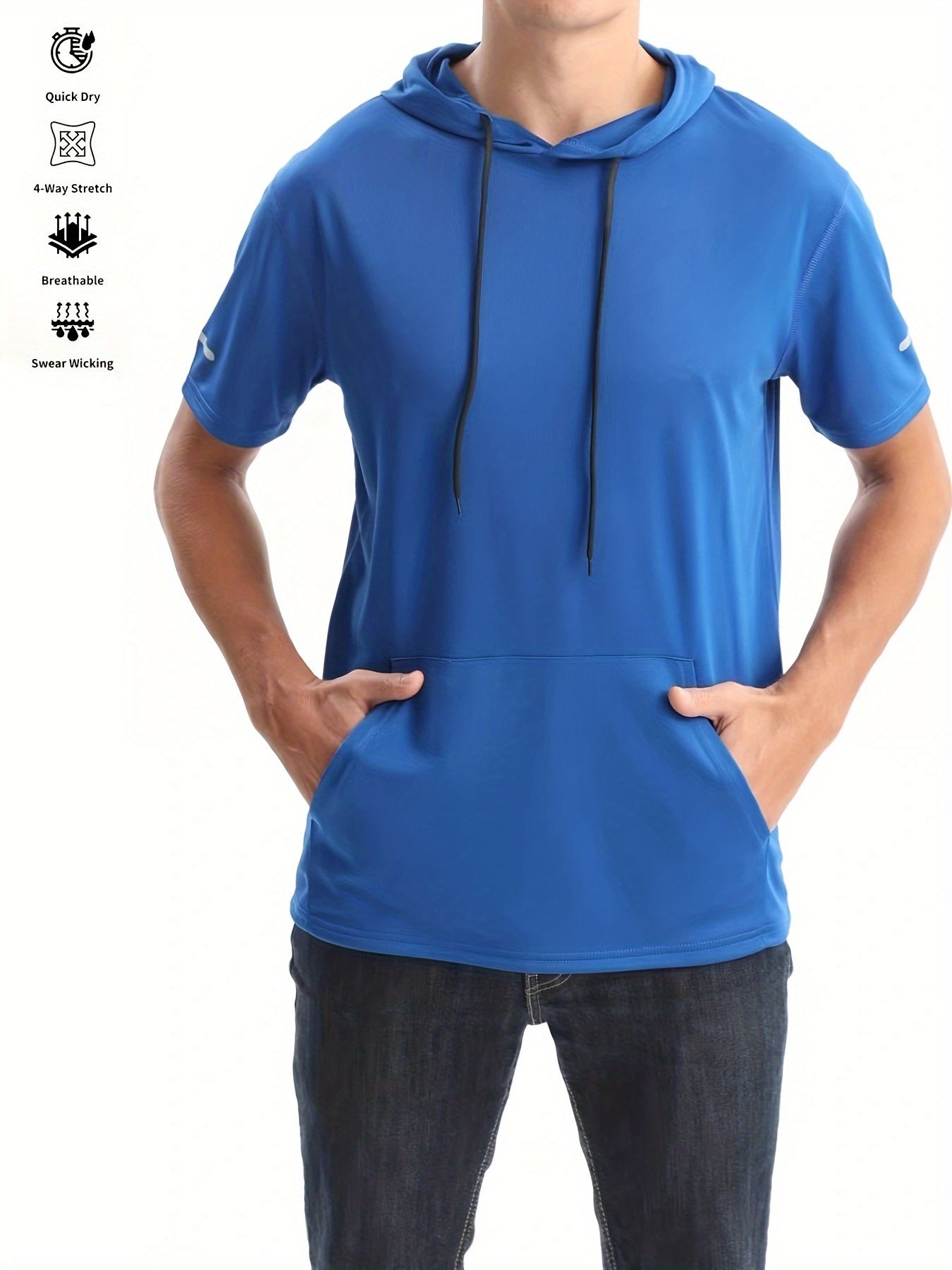 Men's Quick-Dry Hoodie - Breathable, 4-Way Stretch, Sweat-Wicking Polyester, Relaxed Fit for Sports & Casual Wear, White with Blue Drawstrings Store ARBELLA'S