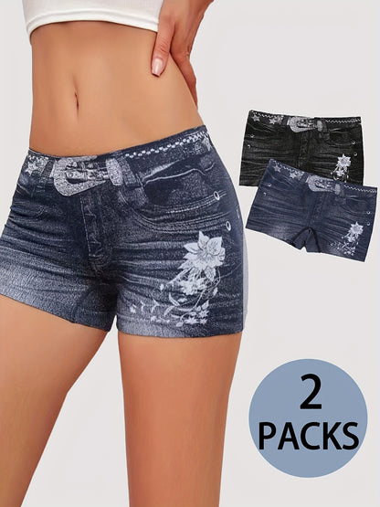 2pcs Seamless Simulation Denim Boyshorts, Sexy Comfy Breathable Stretchy Intimates Panties, Women's Lingerie & Underwear