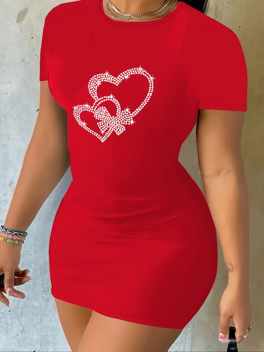 Stunning Rhinestone Heart Bodycon Dress, Short Sleeve Crew Neck Casual Women's Clothing for a Chic Look