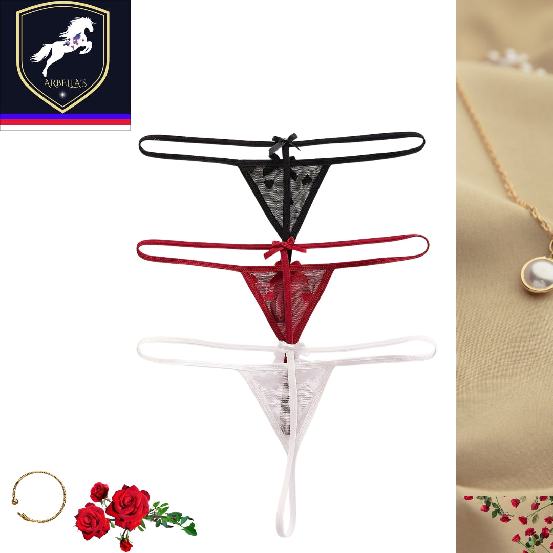 3pcs Women's Lace Mesh Thongs with Bow Detail - Semi-Transparent Low-Rise, Breathable & Comfortable Underwear in Black, White, and Burgundy, Cute Underwear, Feminine Lingerie, Elegant Bow Design, Delicate Construction Store ARBELLA'S