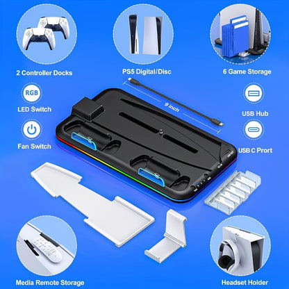 RGB PS5 Cooling Stand & Rapid Charger - High-Performance Fan, Dual Dock, Compatible with Disc & Digital Edition, 6 Game Slots, Screws & Dust Cover.