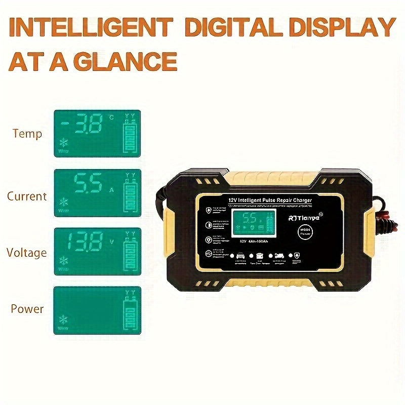 Advanced 12V 6A Smart Car Battery Charger - Fast Pulse Repair, LCD Display, AGM Deep Cycle GEL Lead-Acid Compatible, Auto and Motorcycle Battery Charger with Multi-Protection