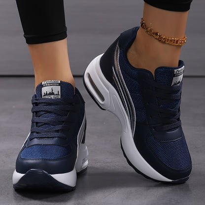 Women's Breathable Mesh Sneakers - Casual Lace-Up, Height-Boosting Platform Shoes with Air Cushion Comfort for All Seasons