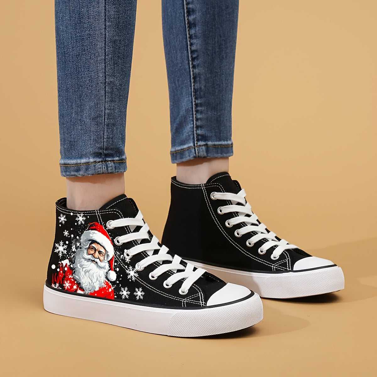 Women's Christmas Santa Print Canvas Sneakers, Casual Lace-Up High-Top Fashion Shoes, Comfortable All-Season Round Toe with Fabric Insole and Rubber Sole