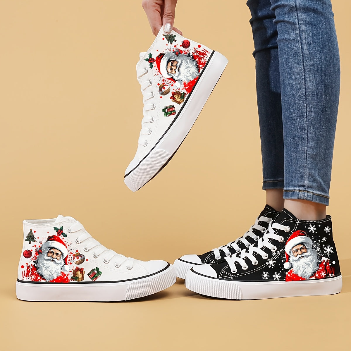 Women's Christmas Santa Print Canvas Sneakers, Casual Lace-Up High-Top Fashion Shoes, Comfortable All-Season Round Toe with Fabric Insole and Rubber Sole