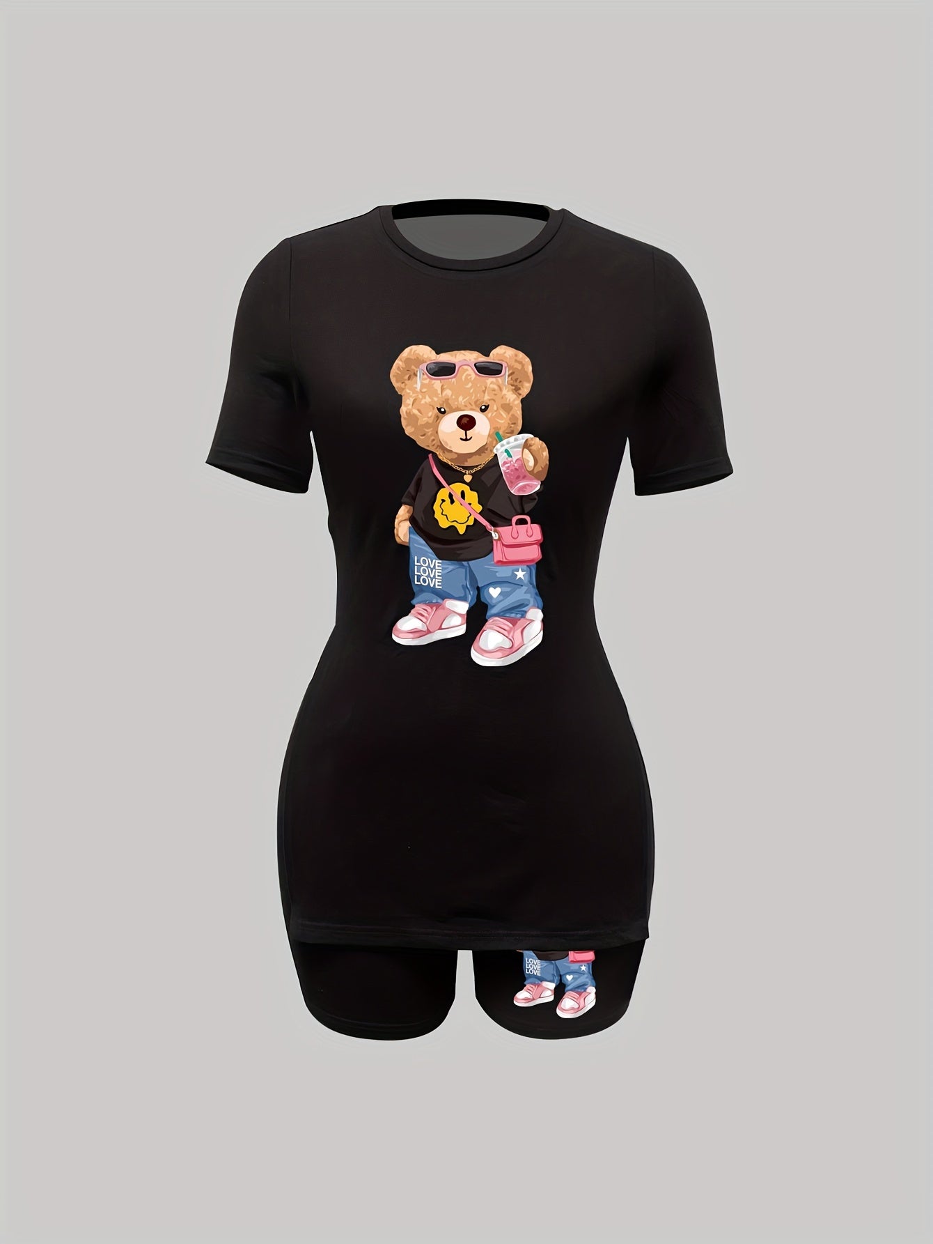 Teddy Bear Print Two Piece Set, Short Sleeves Crew Neck T-shirt & Skinny High Waist Leggings, Women's Clothing