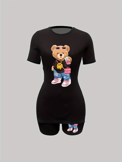 Teddy Bear Print Two Piece Set, Short Sleeves Crew Neck T-shirt & Skinny High Waist Leggings, Women's Clothing