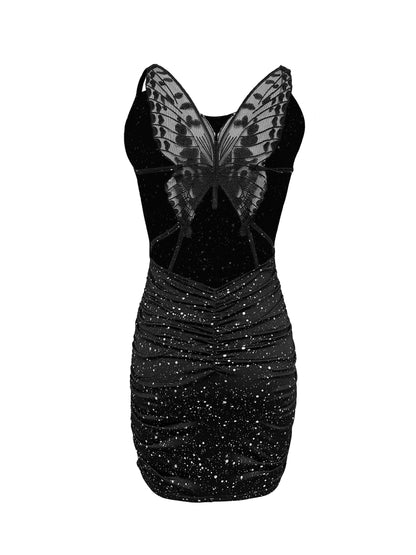 Sparkling Butterfly Print Bodycon Dress - Sleeveless & Backless Design, Perfect for Evening Events, Women's Fashion