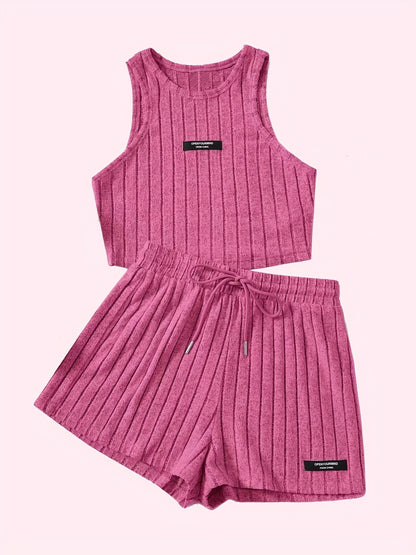 Spring/Summer Essentials: Women's Casual Ribbed Knit Tank Top & Shorts Set | Comfortable, Versatile & Easy Care