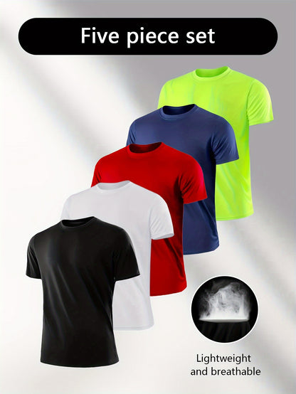 5-Pack Mens Ultra-Quick Dry Short Sleeve Athletic T-shirts - Super Lightweight, breathable, Solid Colors for Summer Sports & Casual Wear - Fashionable Crew Neck