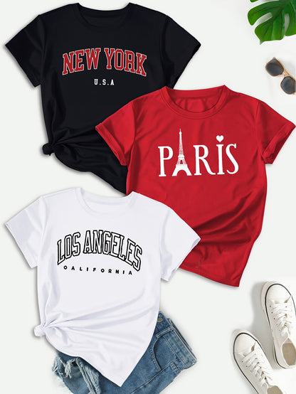 3 Pack Letter Print T-shirt, Short Sleeve Crew Neck Casual Top For Summer & Spring, Women's Clothing