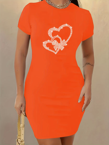 Stunning Rhinestone Heart Bodycon Dress, Short Sleeve Crew Neck Casual Women's Clothing for a Chic Look