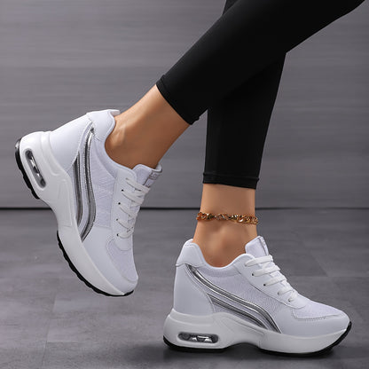 Women's Breathable Mesh Sneakers - Casual Lace-Up, Height-Boosting Platform Shoes with Air Cushion Comfort for All Seasons