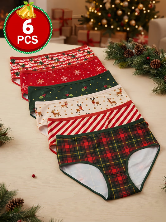 Paquete de 6 bragas de tiro medio a alto para mujer, estampado festivo de Navidad y Año Nuevo.