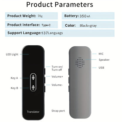 137-Language Instant Smart Voice Translator - Real-Time Bi-Directional Translation & APP Display, User-Friendly for Android/iOS Device Owners, Ideal for Travel & Business