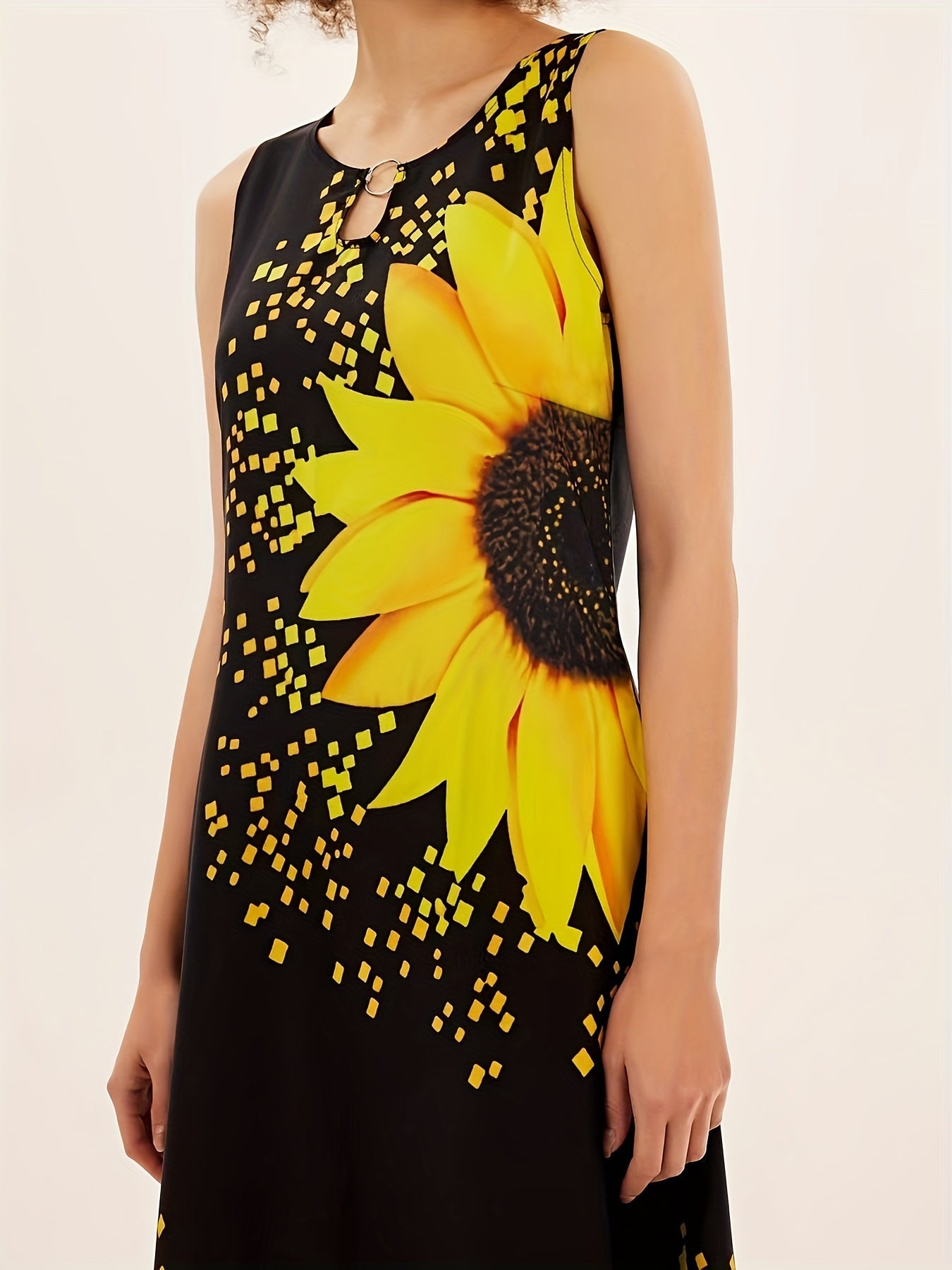 Sunflower Print Keyhole Dress, Casual Crew Neck Sleeveless Maxi Dress With Pocket, Women's Clothing For Elegant Dressing Store ARBELLA'S