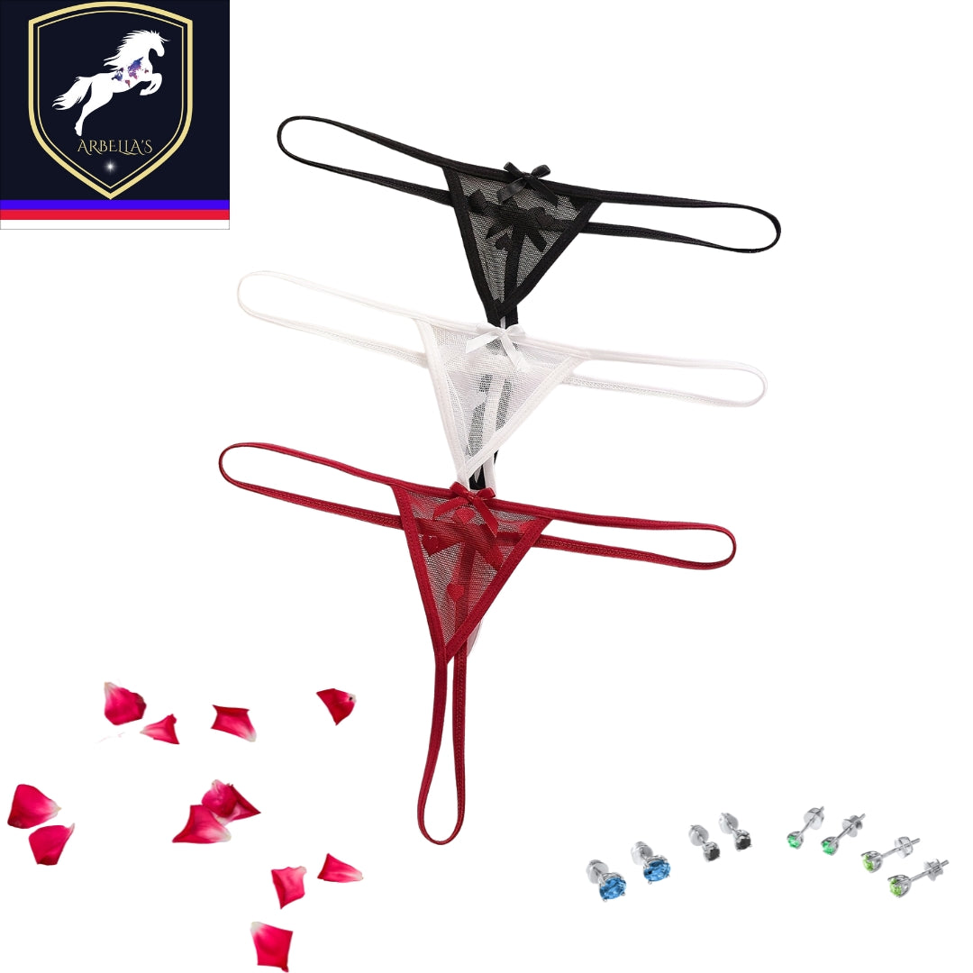 3pcs Women's Lace Mesh Thongs with Bow Detail - Semi-Transparent Low-Rise, Breathable & Comfortable Underwear in Black, White, and Burgundy, Cute Underwear, Feminine Lingerie, Elegant Bow Design, Delicate Construction Store ARBELLA'S