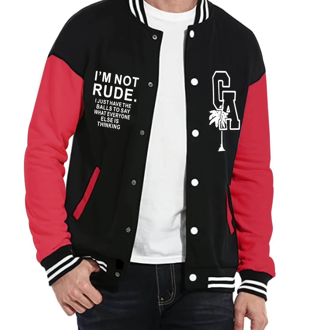 Letter Print Warm Varsity Jacket, Men's Casual Color Block Button Up Jacket For Fall Winter School Baseball