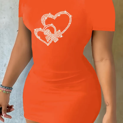 Stunning Rhinestone Heart Bodycon Dress, Short Sleeve Crew Neck Casual Women's Clothing for a Chic Look