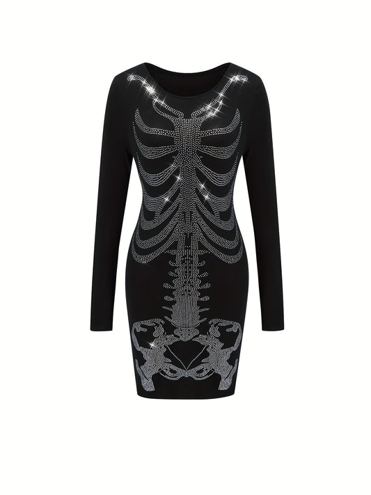 Rhinestone Skeleton Dress, Casual Crew Neck Long Sleeve Costume Dress, Women's Clothing