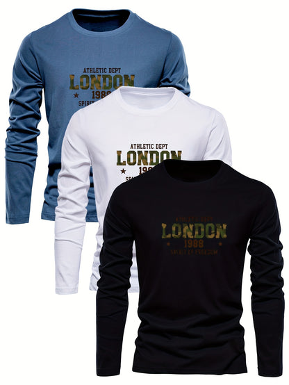 Men's 3-Pack 100% Cotton Long Sleeve T-Shirts, Casual Athletic Dept London 1988 Print, Soft Knit Fabric, Round Neck, Regular Fit, for Leisure Outings