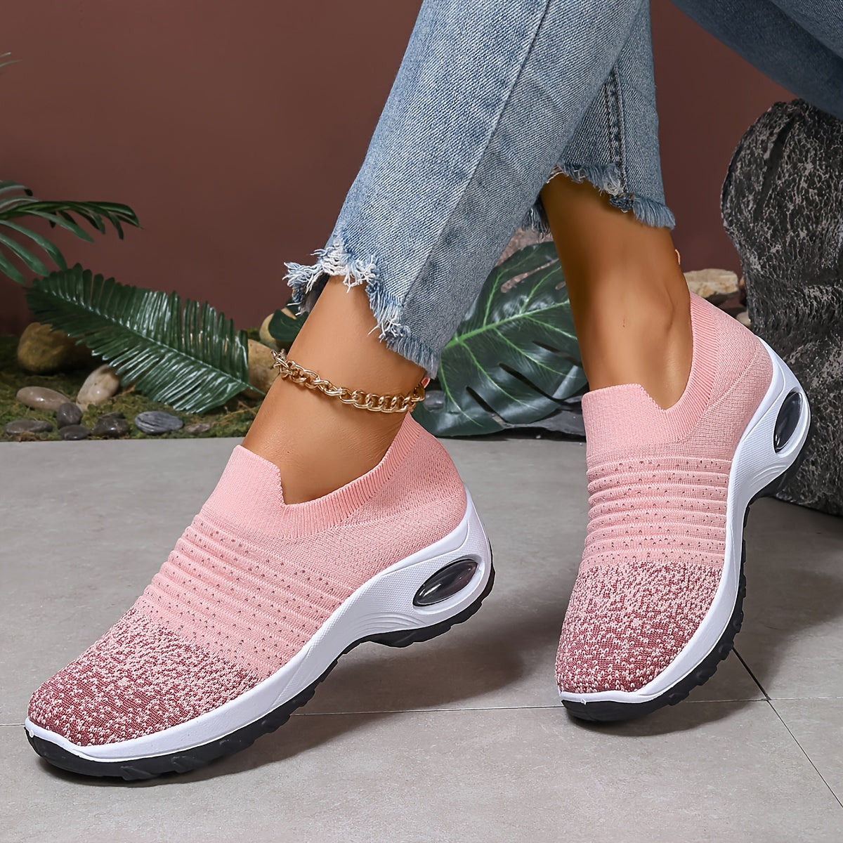 Women's Breathable Knit Sneakers - Comfortable Air Cushion, Slip-On Casual Shoes With Non-Slip Sole For Outdoor Activities