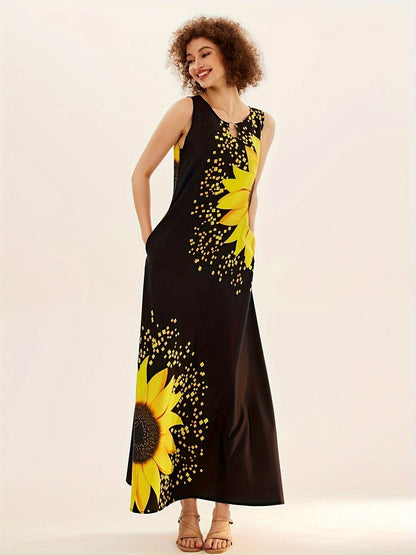 Sunflower Print Keyhole Dress, Casual Crew Neck Sleeveless Maxi Dress With Pocket, Women's Clothing For Elegant Dressing Store ARBELLA'S