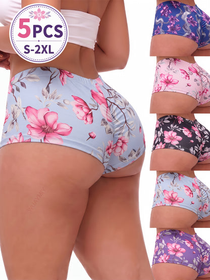 Juego de 5 piezas de ropa interior para mujer: bragas con estampado floral, tela transpirable y cómoda.