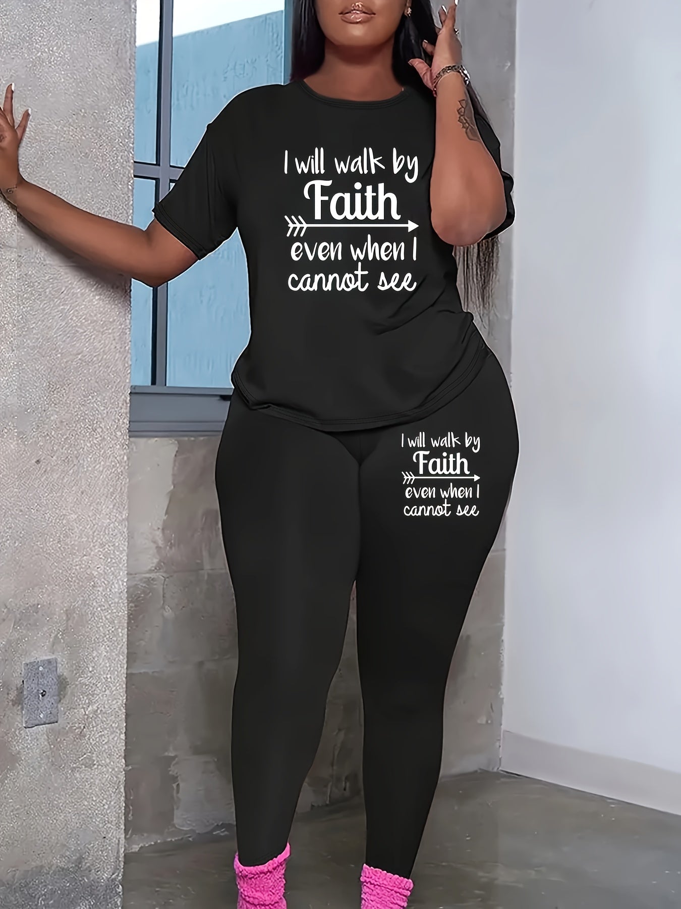 Casual Faith Letter Print Pantsuit, Short Sleeve T-shirt & Skinny Pants Outfits, Women's Clothing