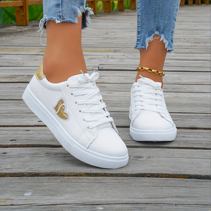 Women's Heart Accent Fashion Sneakers - All-season Casual Low Top Lace-up Shoes with Plain Toe and Rubber Sole, Soft Footbed, Hand Washable - White