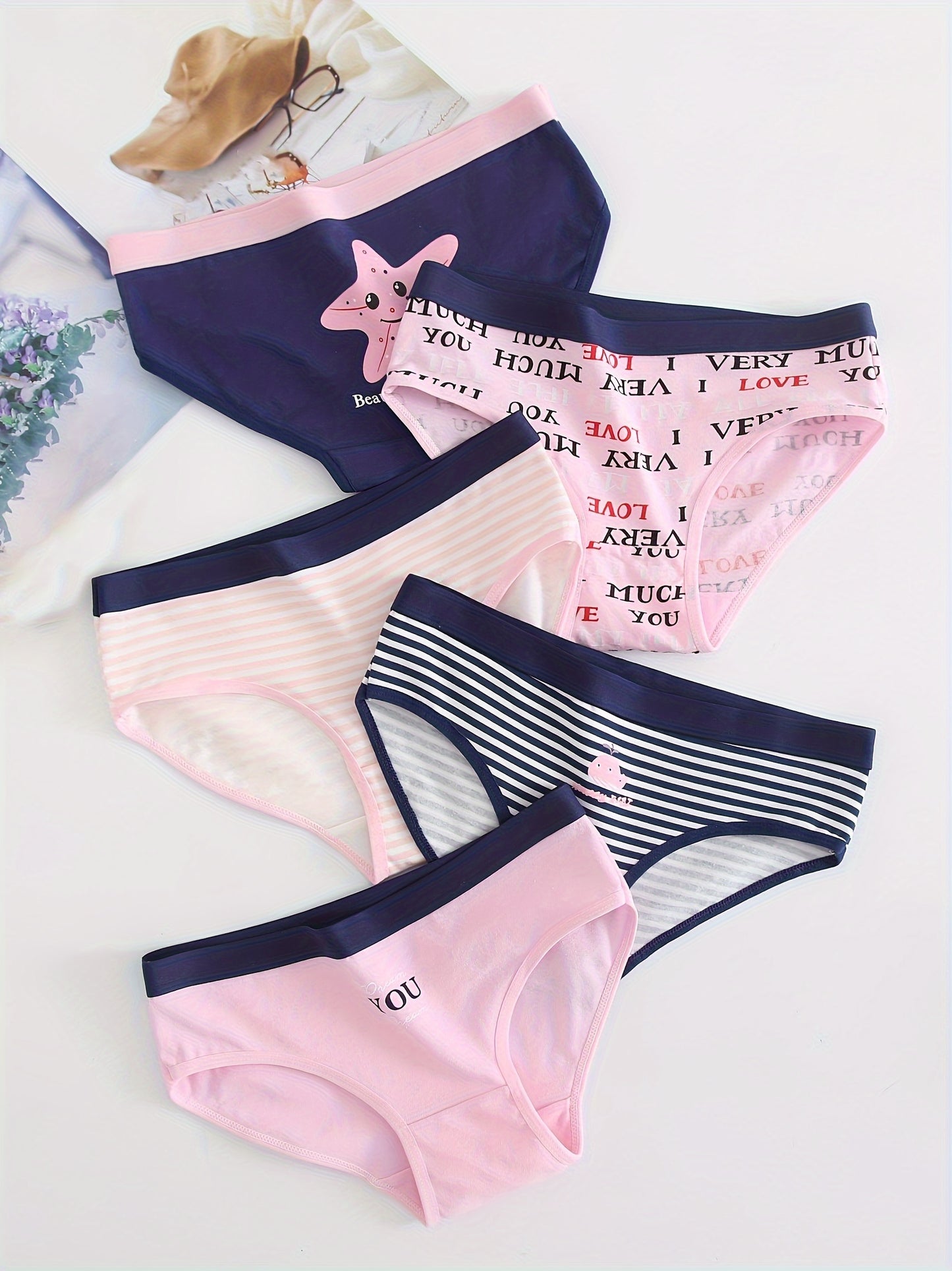 5pcs Cute & Soft Cotton Cartoon Pattern Briefs Panties Set For Women