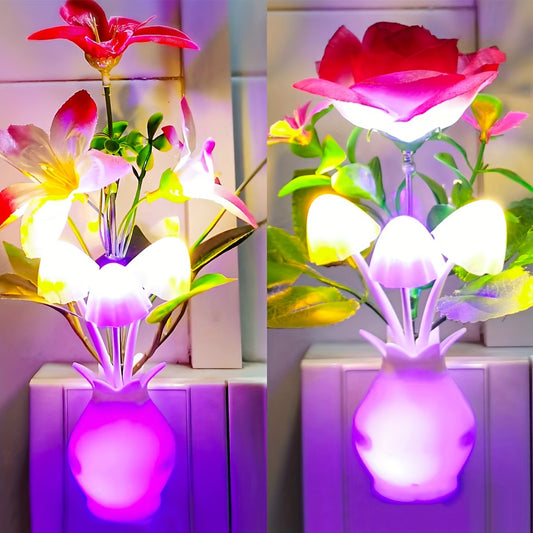 A brand-new US standard LED intelligent light control sensor night light, seven-color vase lily three-color mushroom night light, wall lamp decoration, essential for Mother's Day, Valentine's Day, Christmas Easter Gift