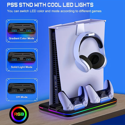 RGB PS5 Cooling Stand & Rapid Charger - High-Performance Fan, Dual Dock, Compatible with Disc & Digital Edition, 6 Game Slots, Screws & Dust Cover.