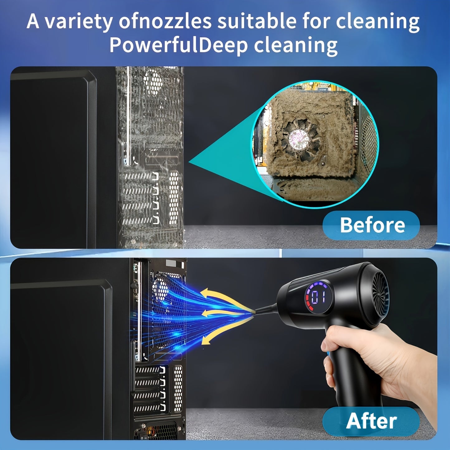 High-Powered Electric Cordless Air Duster - 6000mAh Fast-Charging, 51000 RPM 4-Speed Blower with LCD Display and LED Light - Perfect for Deep Cleaning Computers & Keyboards, A Canned Air Alternative