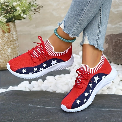 Women's Star Pattern Knitted Sneakers, Contrast Color Low Top Running & Walking Trainers, Casual Breathable Sports Shoes Summer