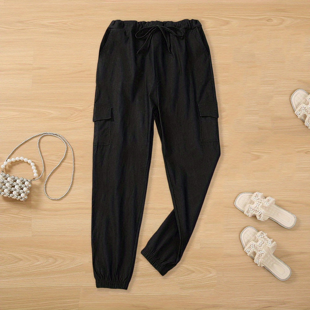 Y2K Chic Drawstring Cargo Pants - Stretchy Elastic Waist, Long Length, Multiple Pockets, Casual Comfortable Women's Clothing for Everyday Wear Store ARBELLA'S