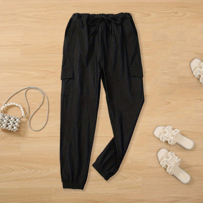 Y2K Chic Drawstring Cargo Pants - Stretchy Elastic Waist, Long Length, Multiple Pockets, Casual Comfortable Women's Clothing for Everyday Wear Store ARBELLA'S