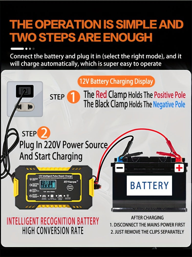 Advanced 12V 6A Smart Car Battery Charger - Fast Pulse Repair, LCD Display, AGM Deep Cycle GEL Lead-Acid Compatible, Auto and Motorcycle Battery Charger with Multi-Protection