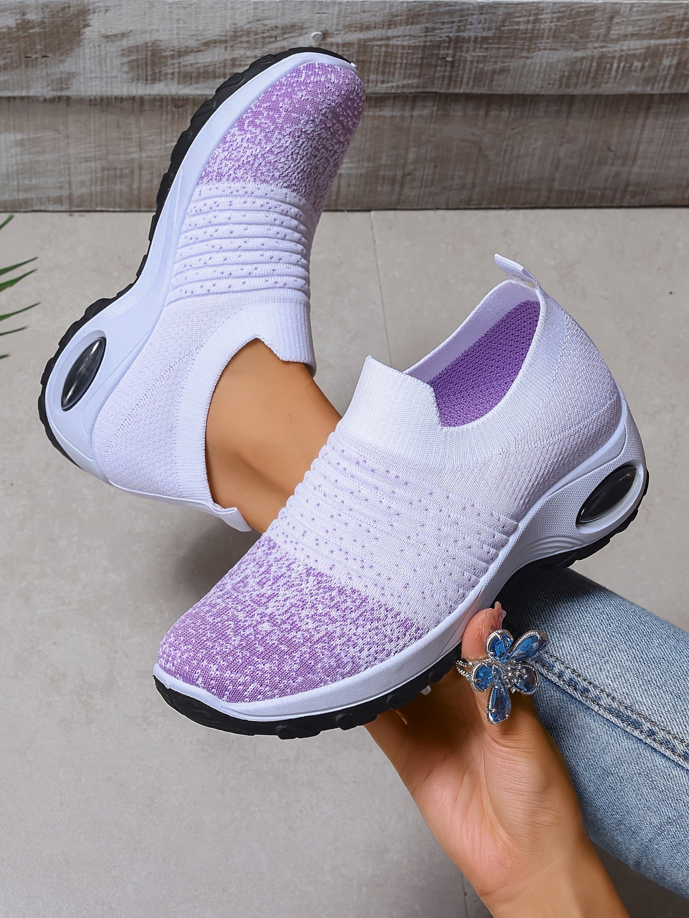 Women's Breathable Knit Sneakers - Comfortable Air Cushion, Slip-On Casual Shoes With Non-Slip Sole For Outdoor Activities