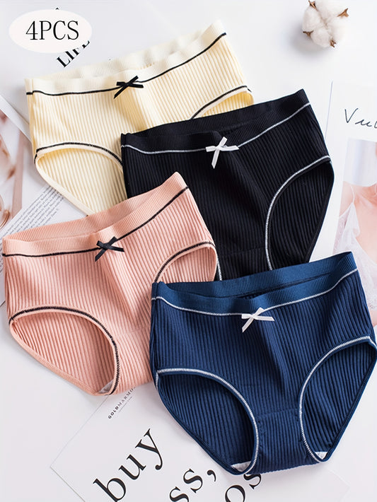 4pcs Bow Decor Contrast Trim Seamless Briefs, Simple Comfy Breathable Stretchy Intimates Panties, Women's Lingerie & Underwear